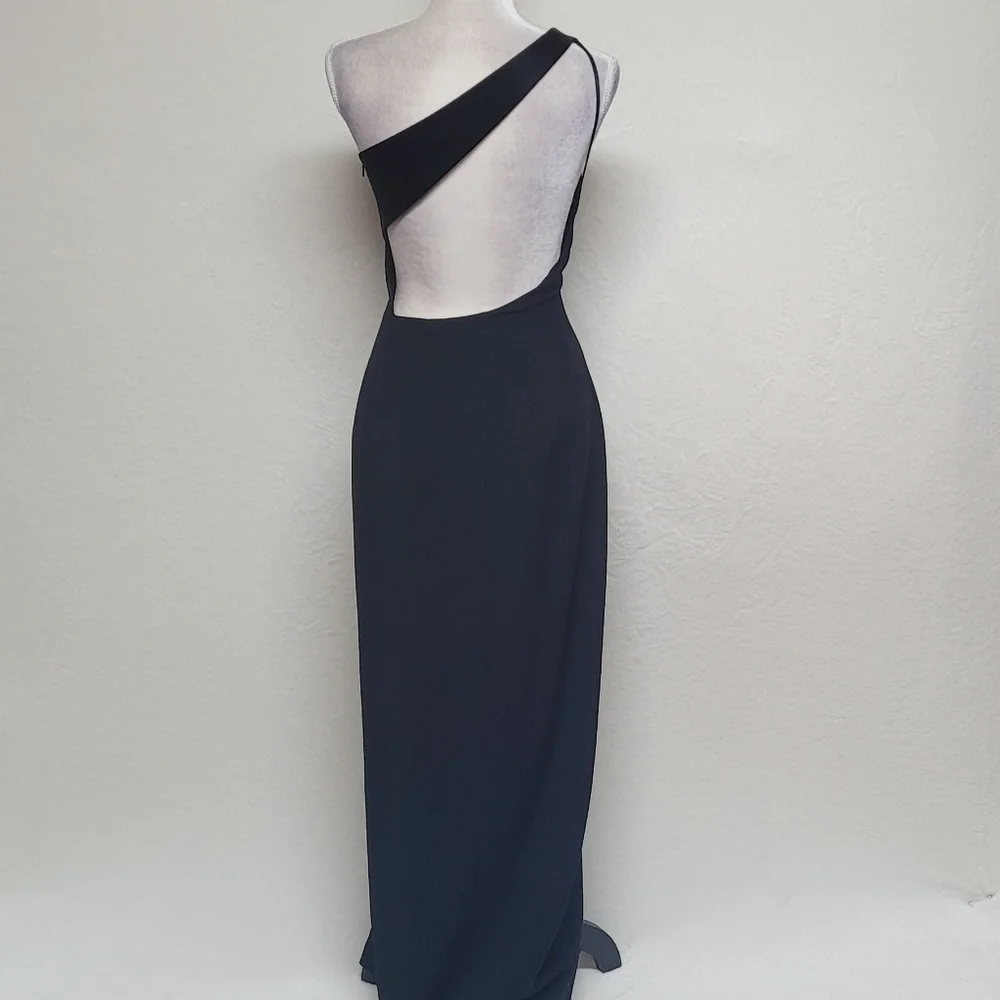 Vintage Andrea Polizzi Black Satin Crepe One-Shoulder Thigh Slit Backless Gown 6 - Picture 9 of 12